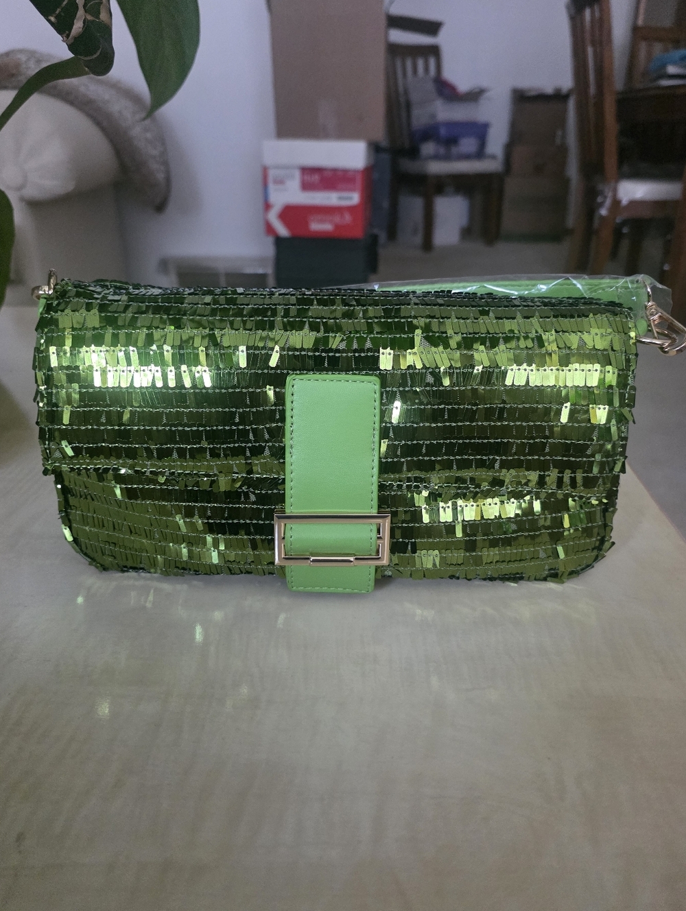 Fashion Nova Sequin Green Top Handle Shoulder Bag with Buckle